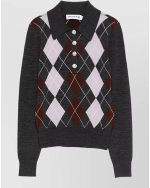 Self-Portrait Argyle Knit Sweater Collar Rhinestone Buttons - Black