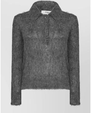 Chloé Collared Long Sleeve Fuzzy Knit Top - Grey