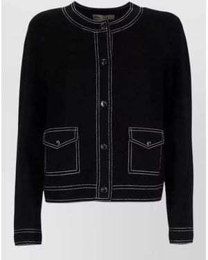 Tory Burch Cardigan Contrast Stitching Round Neck Pockets - Black
