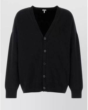 Loewe Stretch Wool Blend Cardigan Ribbed Cuffs Hem - Black