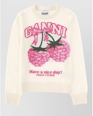 Ganni Crew Neck Long Sleeve Graphic Top - Pink