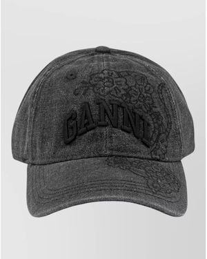 Ganni Denim Baseball Cap Curved Brim Floral Embroidery - Grey