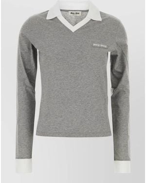 Miu Miu Cotton Polo Shirt Long Sleeves Contrast Collar - Grey
