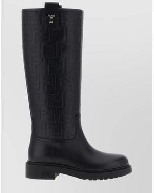 Fendi Knee-High Round Toe Pull Tab Boots - Black