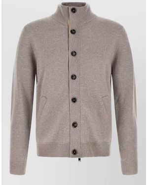 Brioni Cashmere Ribbed Collar Cardigan - Grey