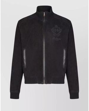 Balmain Suede Leather Embroidered Bomber Jacket - Black