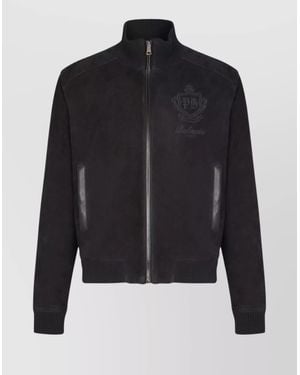 Balmain Suede Leather Embroidered Bomber Jacket - Black