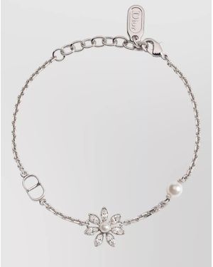 Dior Necklace Metal Finish Floral Charm Pearls - Natural