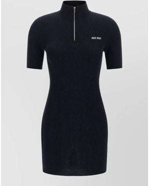 Miu Miu Ribbed Cotton Mini Dress High Neck - Blue
