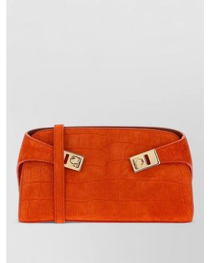 Ferragamo Suede Hug Clutch Crocodile Texture Top Handle - Orange