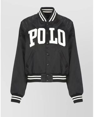 Ralph Lauren Bomber Jacket With V Neckline And Ribbed Trims - Black
