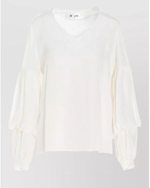 DI.LA3 PARI' Silk V-Neck Puff-Sleeve Blouse - White