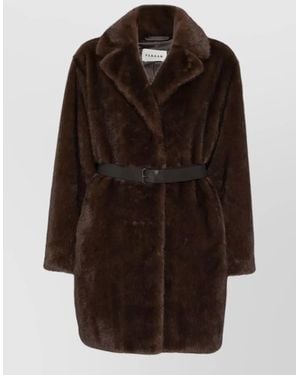 P.A.R.O.S.H. Belted Waist Faux Fur Mid Length Coat - Brown