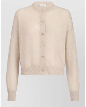 Brunello Cucinelli Silk Blend Crew Neck Long Sleeve Cardigan - Natural