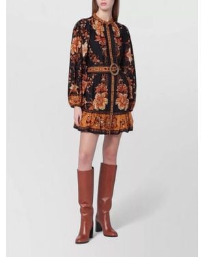 FARM Rio Floral Dress Belted Waist Long Sleeves - Red