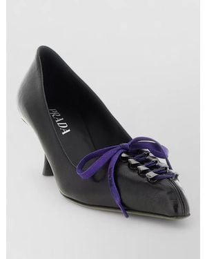 Prada Leather Kitten Heel Pumps Lace Detail - Blue