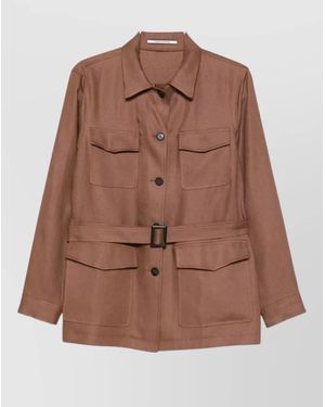 Tagliatore Linen Jacket Belted Waist Long Sleeves - Brown
