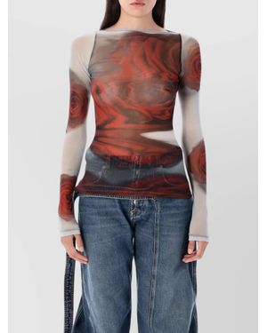 Jean Paul Gaultier Mesh Rose-Print Semi-Sheer Long-Sleeve Top - Blue