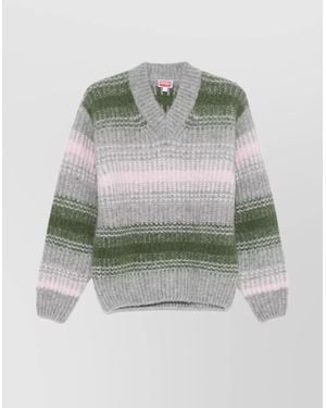 KENZO Striped V-Neck Sweater Long Sleeves - Gray