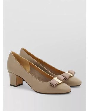 Ferragamo Leather Pumps Almond Toe Block Heel Bow - Brown