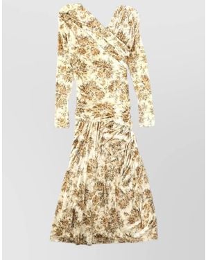 Ganni Long Dress Asymmetric Neckline Floral Pattern - Metallic