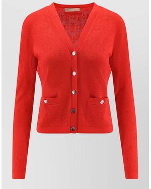 Tory Burch T Monogram Jacquard Knit V Neck Cardigan - Red
