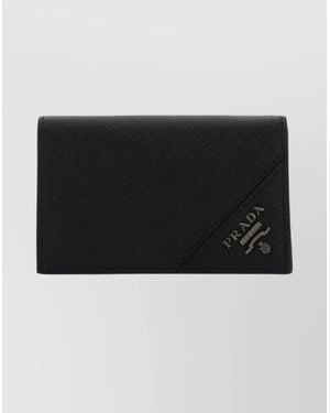Prada Textured Leather Card Holder With Fold-Over Design - Black
