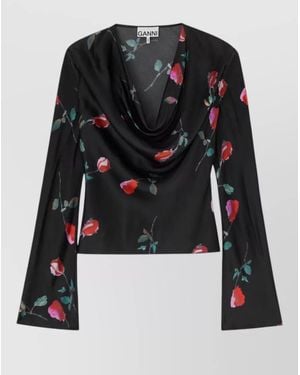 Ganni Satin Blouse Cowl Neck Floral Pattern - Black
