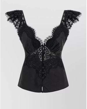 Self-Portrait Lace Trim Sleeveless Top V Neckline Buttons - Black