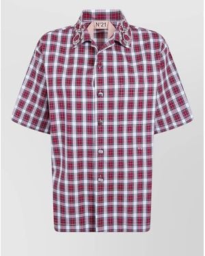 N°21 Plaid Shirt Short Sleeves Embellished Collar - Red
