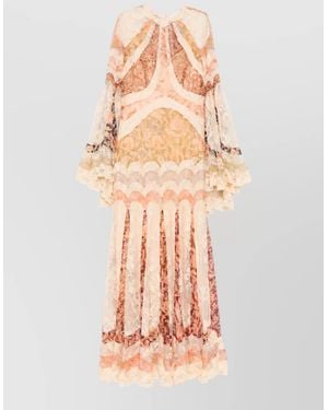 Zimmermann Floral-Print Lace-Paneled High-Neck Long-Sleeve Flared-Hem Maxi Dress - Pink