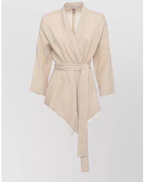 Antonelli Linen Blazer Set Belt Fringe Pants - Natural