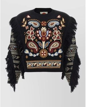 FARM Rio Wool Cropped Embroidered Sweater - Black