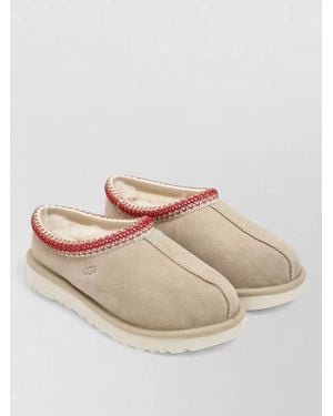 UGG Suede Round Toe Slippers Rubber Sole Trim - Natural