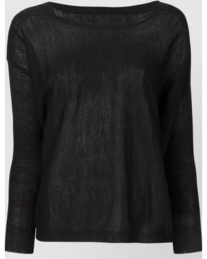 LA ROSE Merino Wool Fine-Knit Boat Neck 3/4-Sleeve Asymmetric Hem Top - Black