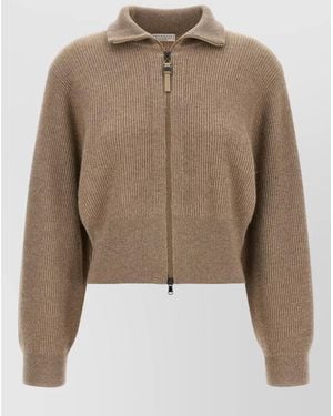 Brunello Cucinelli Cashmere Lamé Zip Cardigan Cropped - Natural