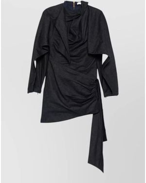 Zimmermann Cotton Draped High-Neck Long-Sleeve Asymmetric-Hem Mini Dress - Blue