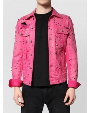 Dolce & Gabbana Crystal Embellished Studded Distressed Denim Jacket - Pink