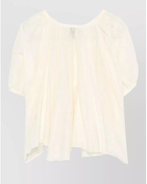 120% Lino Linen Cropped Blouse Ruffled Short Sleeves - Natural
