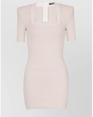 Balmain Square-Neck Short-Sleeve Mini Knit Dress - Pink