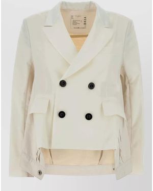 Sacai Twill And Denim Double Breasted Blazer - Natural