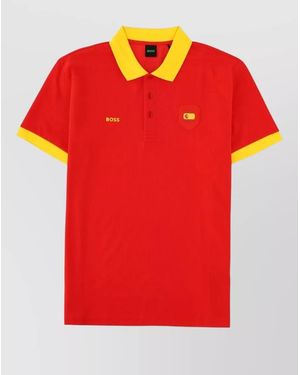 BOSS Short Sleeve T Shirt Contrast Collar Cuffs - Red
