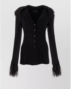 Alberta Ferretti Feather Trimmed Crepe Blazer With Structured Shoulders - Black