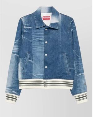 KENZO Denim Stripe-Detail Ribbed Bomber Jacket - Blue