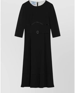 Prada Midi Dress Belted Waist Three Quarter Sleeves - Black