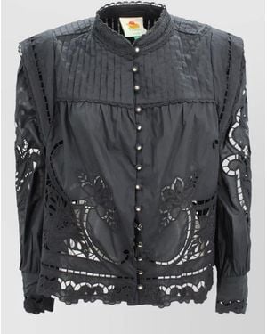 FARM Rio Floral Embroidered Jacket Lace Trim Buttons - Black