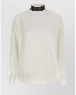 Brunello Cucinelli Silk Blouse With High Collar And Keyhole Back - White