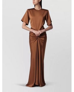 ANDAMANE Floor Length Ruched Satin Dress Short Sleeves - Brown