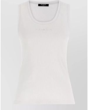 Balmain Logo Embroidery Ribbed Scoop Neck Tank - White