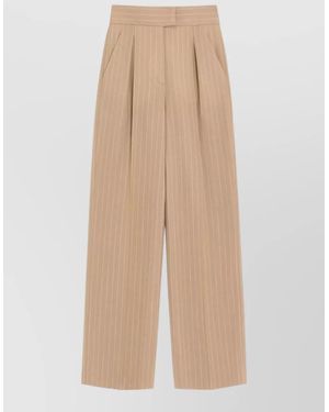 Valentino Wide Leg Pinstripe Pleated Trousers Belt Loops - Natural